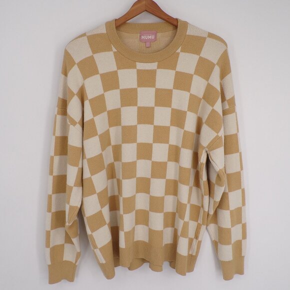 Show Me Your MuMu Sweater Beige Check Knit Pullover Crew Neck Women's Size Small - Picture 2 of 14